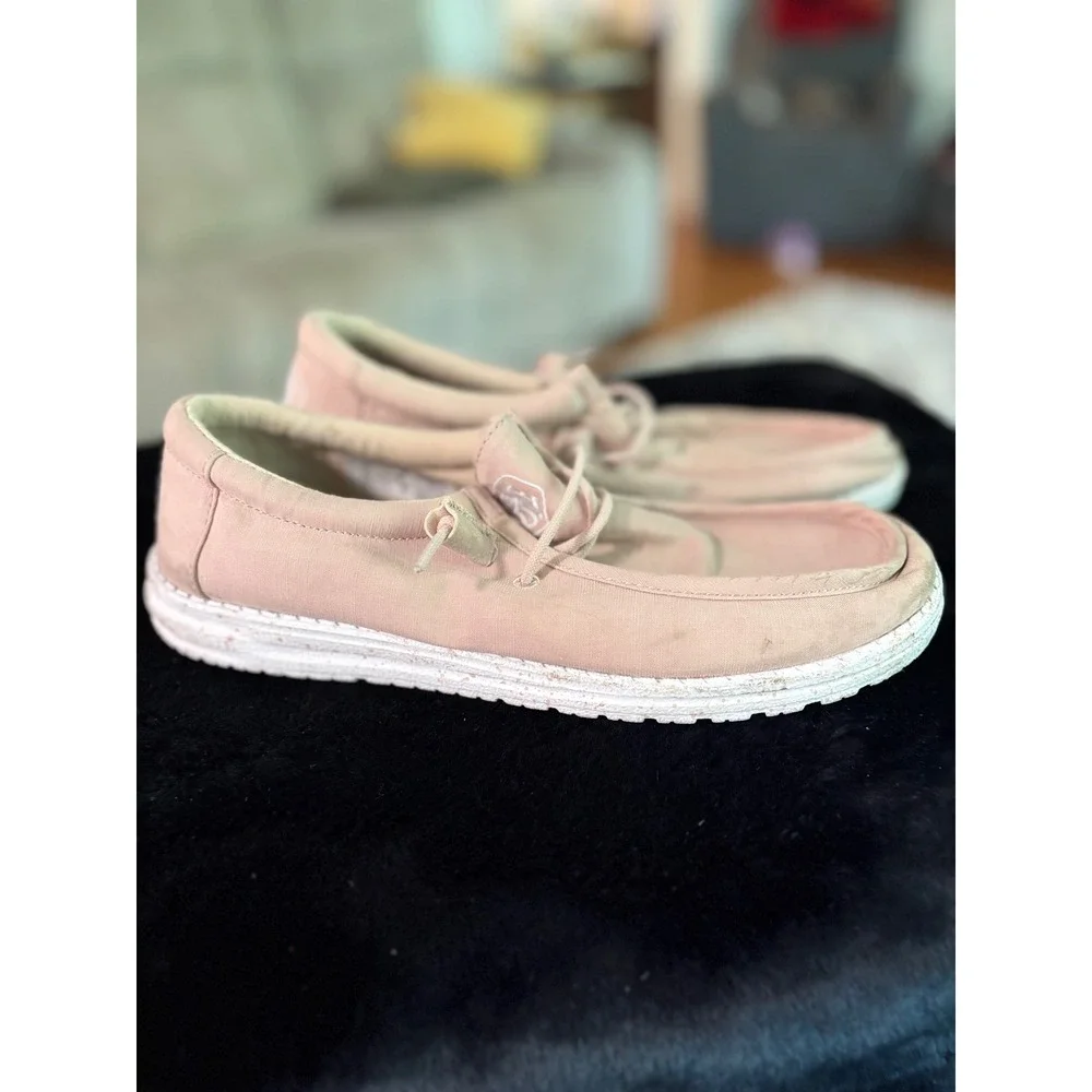 Hey‎ Dude Wally Slub Canvas Tan Pink Slip On Loafers Mens 9 Womens 11 40009-265